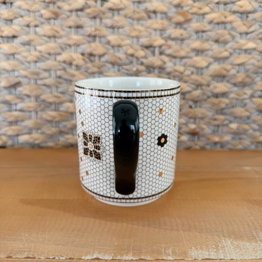 Anthropologie Coffee Mug Monogram Letter S Gold & Black Bistro Tile Honeycomb